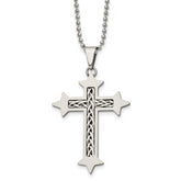 Chisel Stainless Steel Brushed with Braided Sterling Silver Inlay Cross Pendant on a 24 inch Ball Chain Necklace